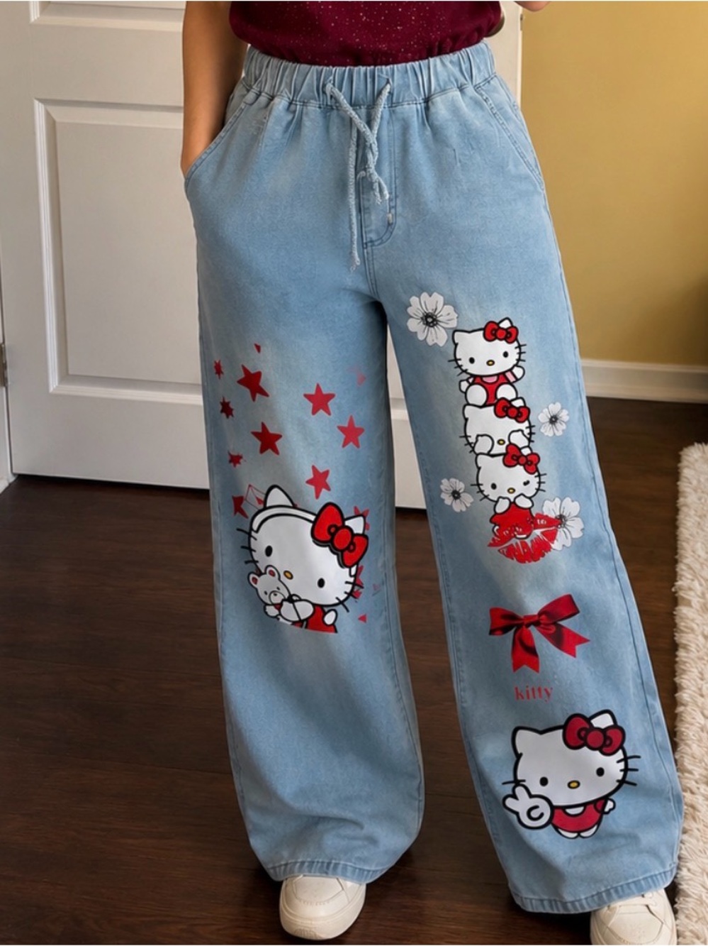 Hello Kitty Light Blue Wide Leg Jeans with Red Accents